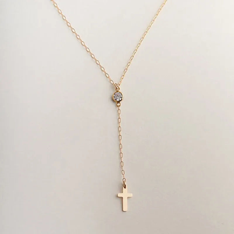 Collier classique et Simple avec pendentif croix pour femmes, en or 14 carats, longue chaîne en cristal et Zircon, ras du cou, à la mode, bijoux cadeaux de fête pour dames