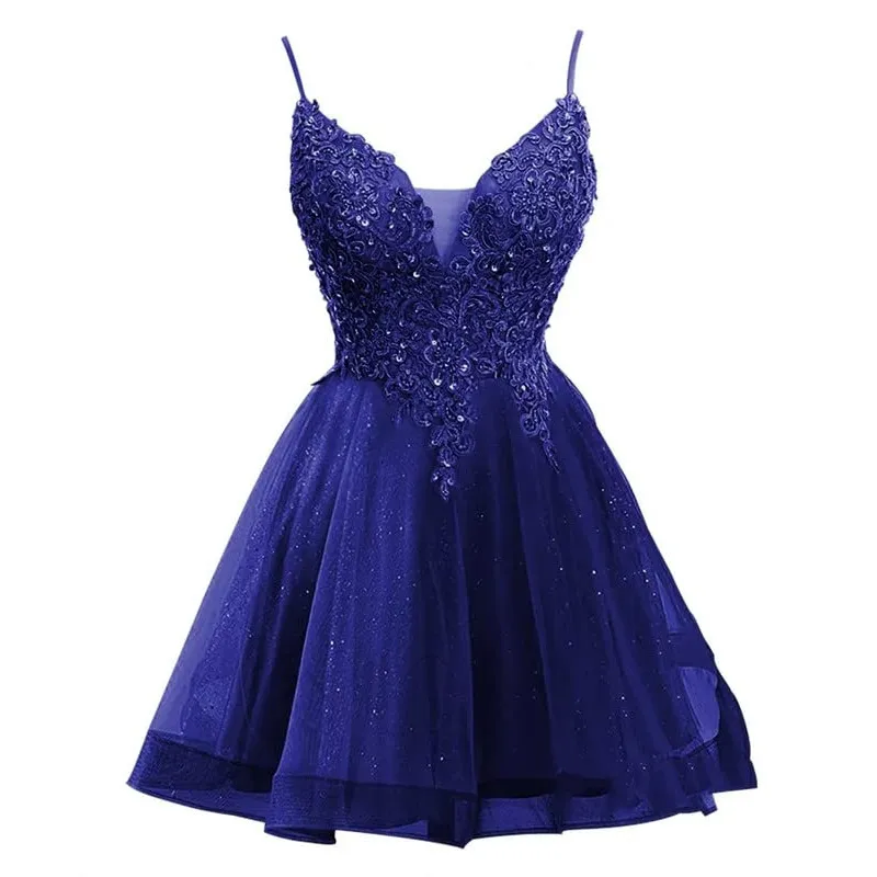 green emerald velvet dress A Line V Neck Short Royal Blue Lace Prom Dresses, Short Royal Blue Lac –  jbydress main image 0