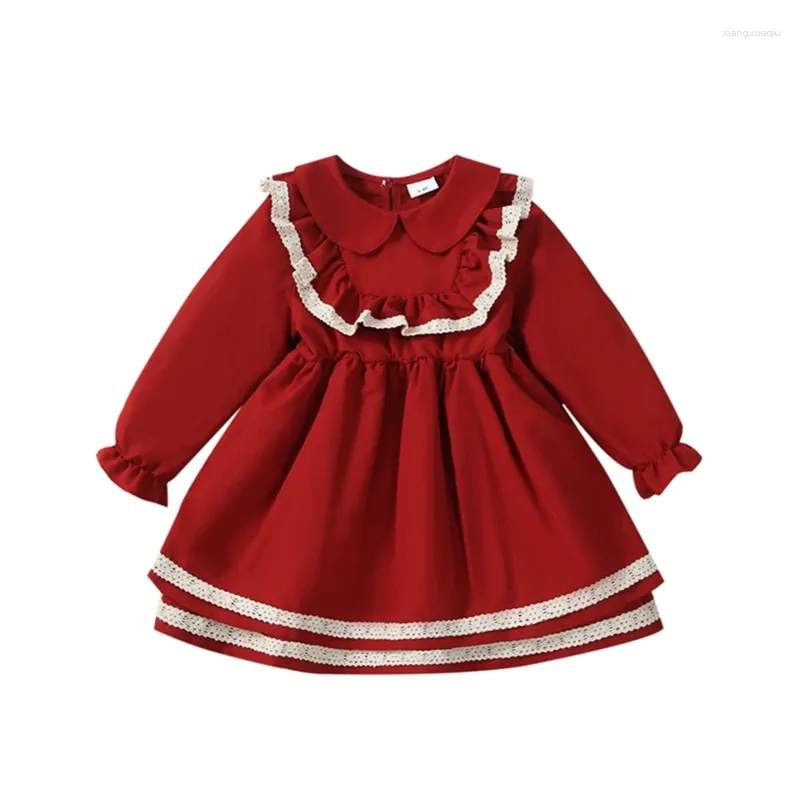 Vestidos de menina Bmnmsl Meninas Vestido de Natal Crianças Lace Trim Manga Longa Pan Collar Mini Bonito Pescoço Redondo Ruched