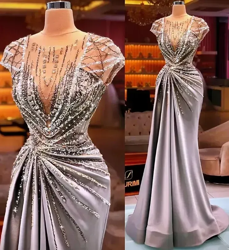 Arabic Aso Ebi Silver Mermaid Luxurious Prom Dresses Sheer Neck Beaded Crystals Evening Formal Party Second Reception Gowns Dress