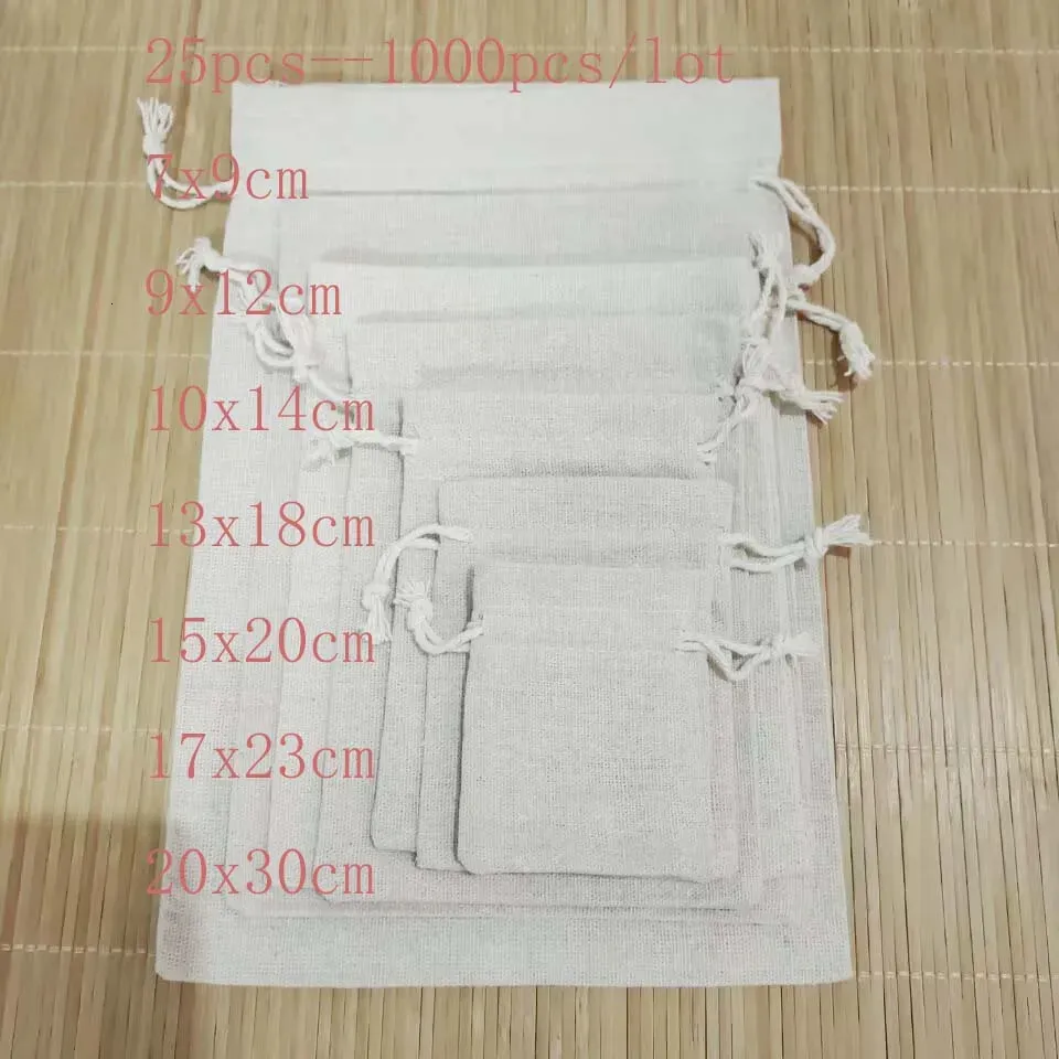 25pcslot 7x9 9x12 10x14 cm Jute Gift Bags Burlap Jewelry Cotton Linen Drawstring Packaging Pouch Display Wedding Sack Bag 240309