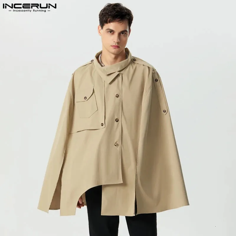 Hommes Manteau Manteaux Revers Lâche Couleur Unie Bouton Streetwear Casual Mâle Ponchos Cape Mode Irrégulière Trench S-5XL INCERUN 240319