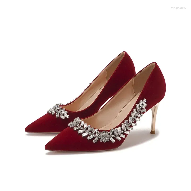 Dress Shoes Wine Red High Heels Women Summer 2024 Pointed Rhinestone Chain Wedding Stiletto