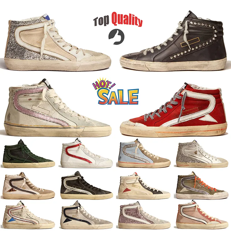 Italy Brand High-top Slide Star Designer Casual Shoes Vintage Calfskin Suede Upper Women Mens Silver Glitter GoldenGoosess Platform Sneakers Trainers Size 35-46