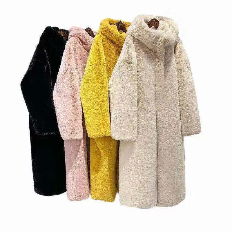 Женское пальто с большим меховым капюшоном на заказ, оптовая продажа, желтое, черное, белое, розовое, красочное, из искусственного меха для женщин