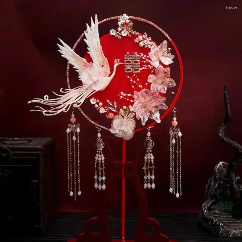 Estatuetas decorativas dupla face phoenix leque redondo clássico alça longa estilo chinês produto acabado de noiva feito à mão casamento