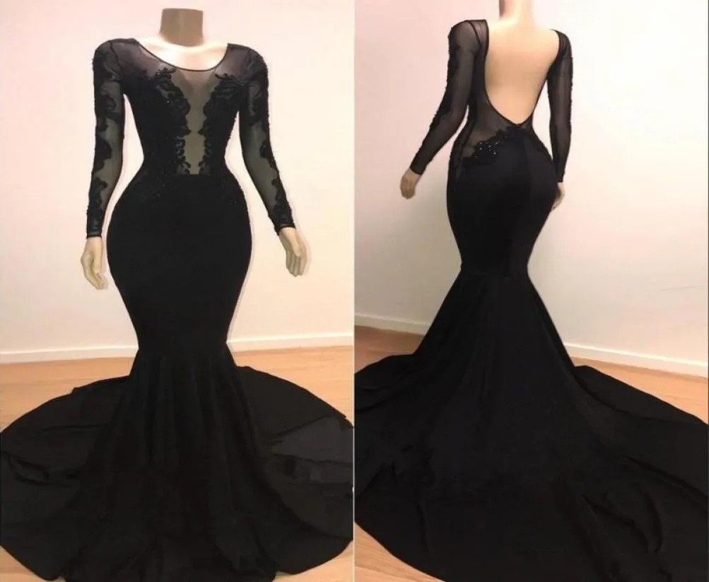2019 Mermaid Black Prom -klänningar Långa ärmar Sexiga illusionskroppar LACE Applique Backless Formal Evening Gowns Court Train3268016