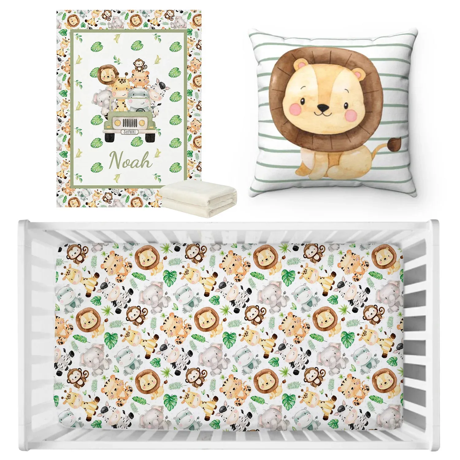 LVYZIHO Animals Baby Boy Crib Sheet Set Jungle Nursery Personalized Name Bedding Shower Gift Animal Blanket 240313