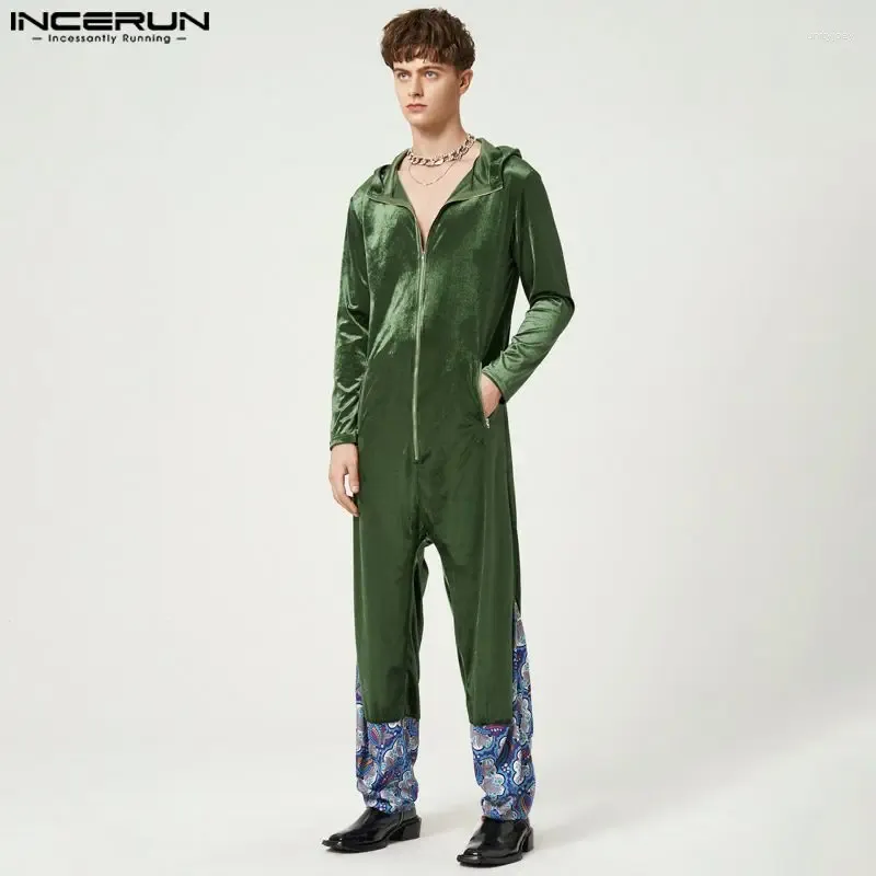 Men's Pants INCERUN Men Jumpsuits Print Velour Patchwork Zipper Hooded Loose Casual Rompers Streetwear V Neck Long Sleeve Overalls S-5XL