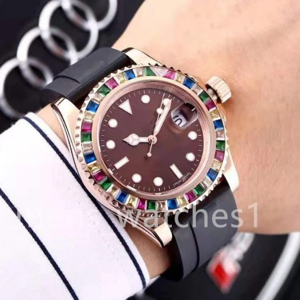 Casual Watches Original Automatic Movements Rubber Strap First Quality Sapphire mirror Men-watch Colorful Diamond Decoration Watch300I