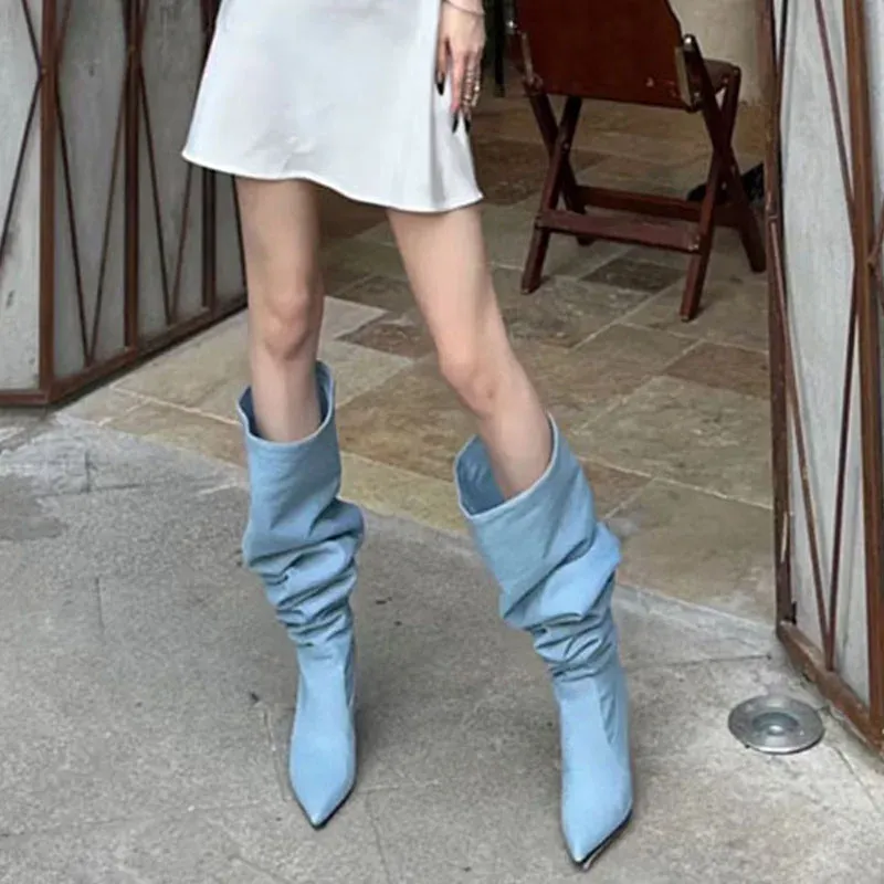 Boots 2023 Bleu Denim Large Coucs High Boots Automne Hiver Knee High Boots Femme Plaid Pointy Toe Shoes Stiletto High Heel Long Boots