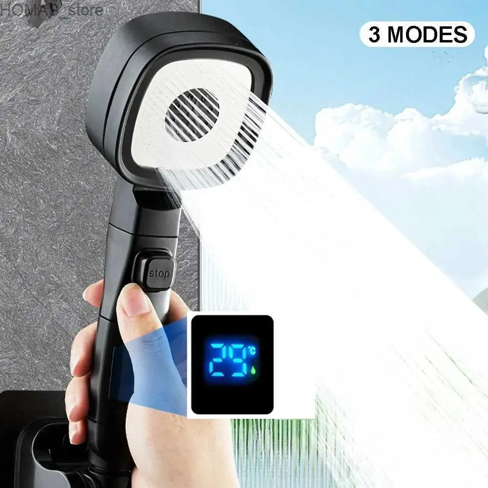 Bathroom Shower Heads Temperature Digital Display High Pressure Shower Head 3 Modes Large Flow Water Saving Spray Nozzle Rainfall Bathroom Showerhead Y240319