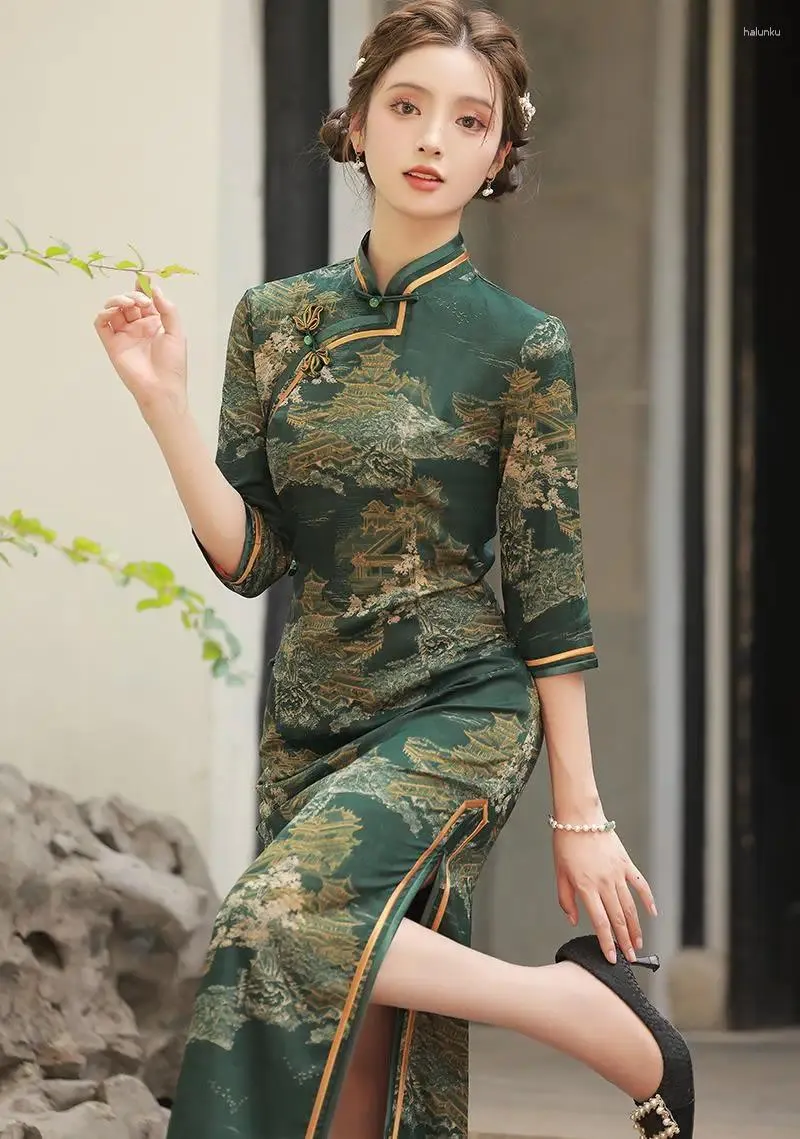 Ethnic Clothing Print Chinese Cheongsam Traditional Mandarin Collar Dress Autumn Qipao Vintage Style Simple Elegant Banquet Gown Vistidos