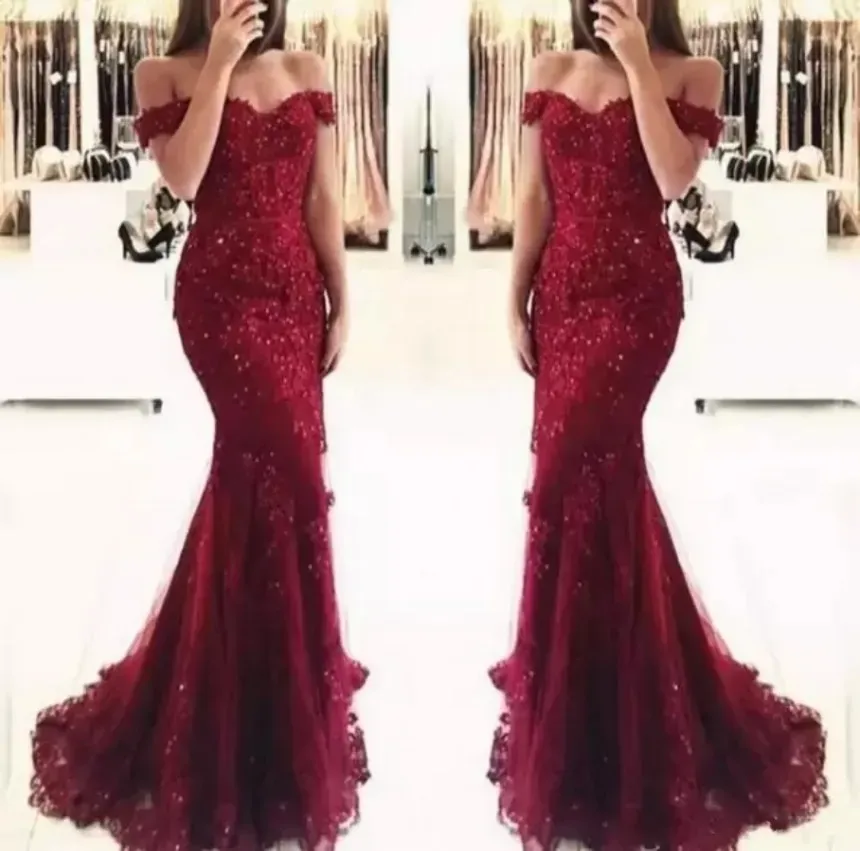 Bury Lace Mermaid Appliques Off The Shoulder Beaded Sequins Long Prom Gowns Evening Dresses Cheap Wear Bm0449