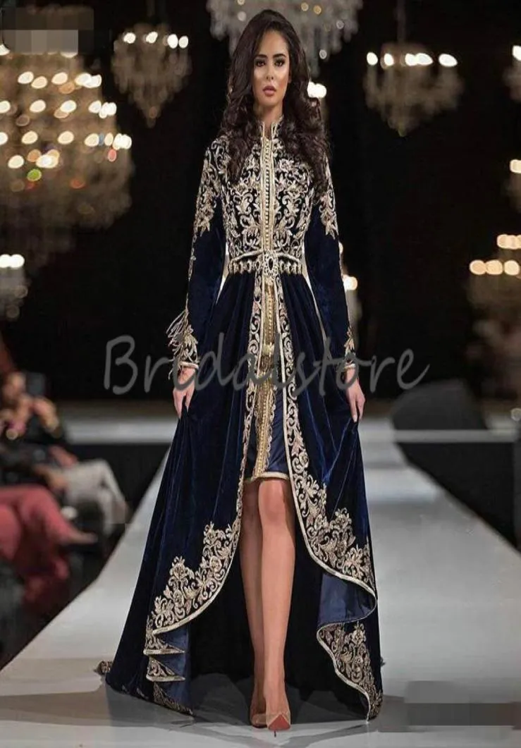 Nowe marokańskie sukienki wieczorowe kaftan z długim rękawem koronkowe aplikacje muzułmańska arabska formalna sukienka balowa 2020 Velvet High Low Dubai Abaya EV5020840