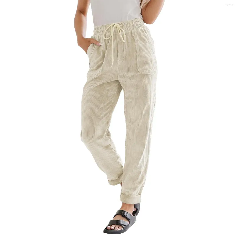 Men's Pants High Waist Women Retro Corduroy Fall Drawstring Full Length Trousers Casual Loose Comfy All Match With Pockets