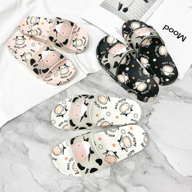 HBP Non-Merk Leuke Koe Print Ontwerp Vrouwen Slippers Zachte Antislip Sandalen Indoor Badkamer Paar Slides Zomer Mode Vrouw Schoenen