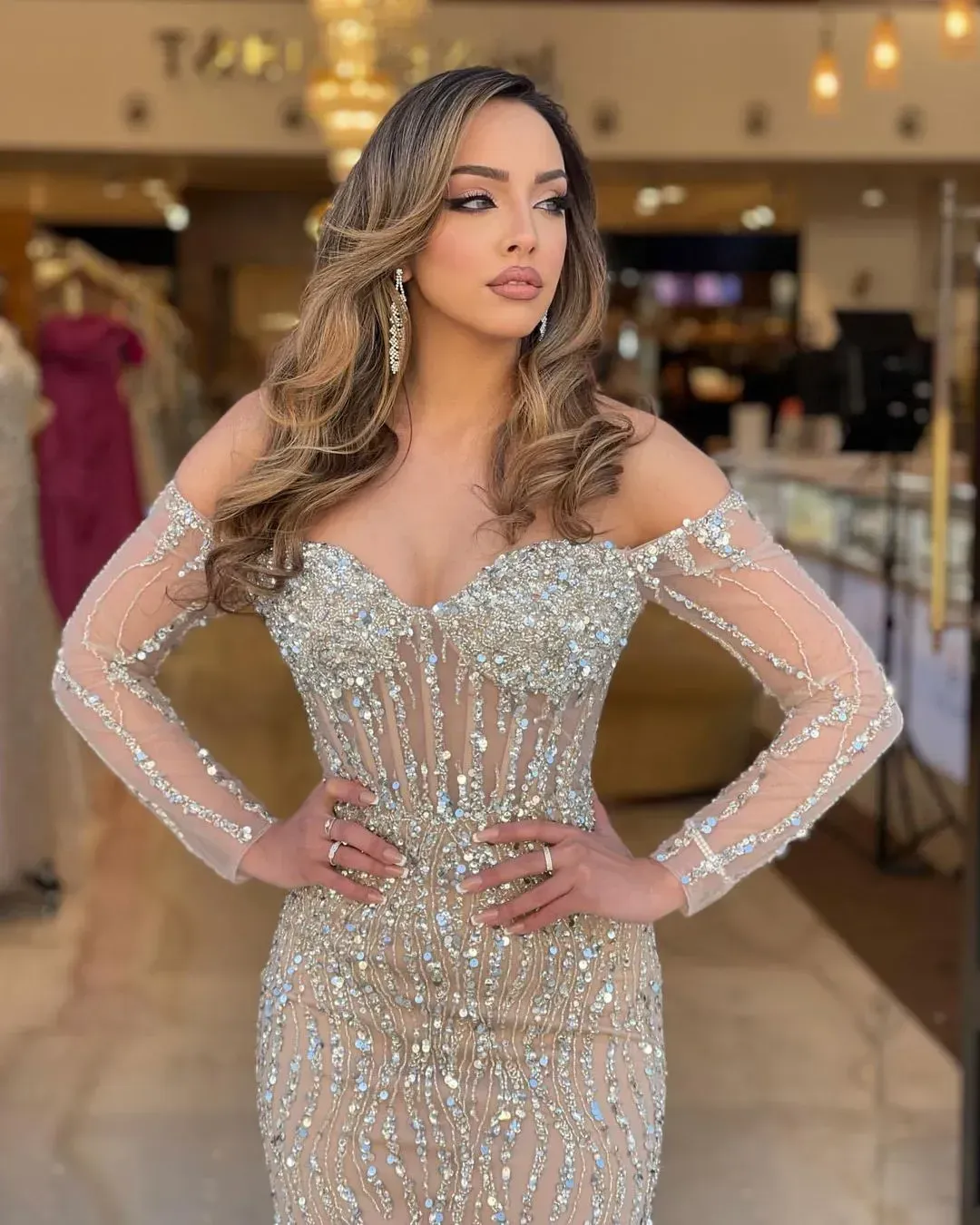champagne colored mermaid dress with transparent shoulders Prom Dress Style #32794