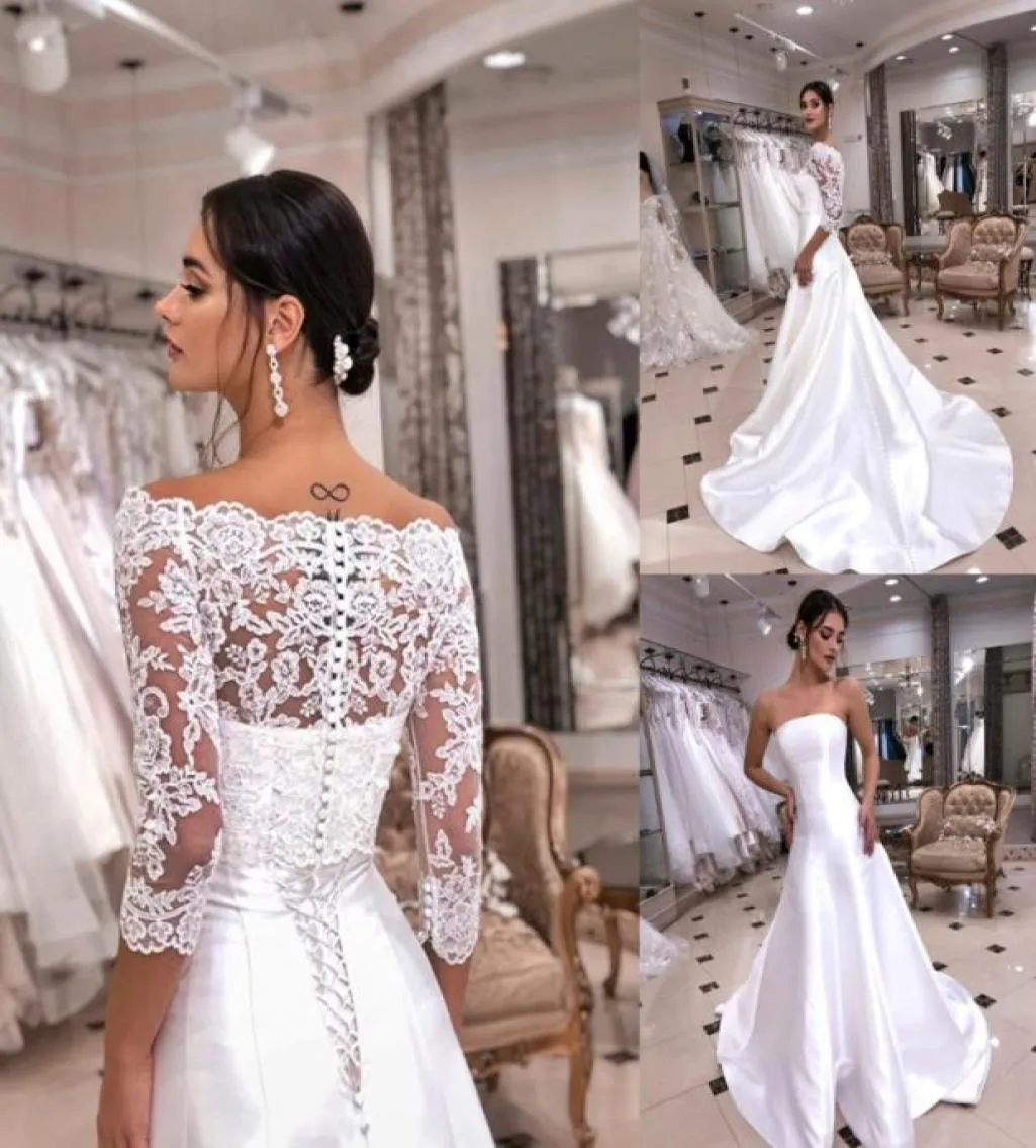 Vestidos de casamento modernos sem alças com jaqueta removível meia mangas vestidos de noiva boêmios com apliques de renda Court Train4955317