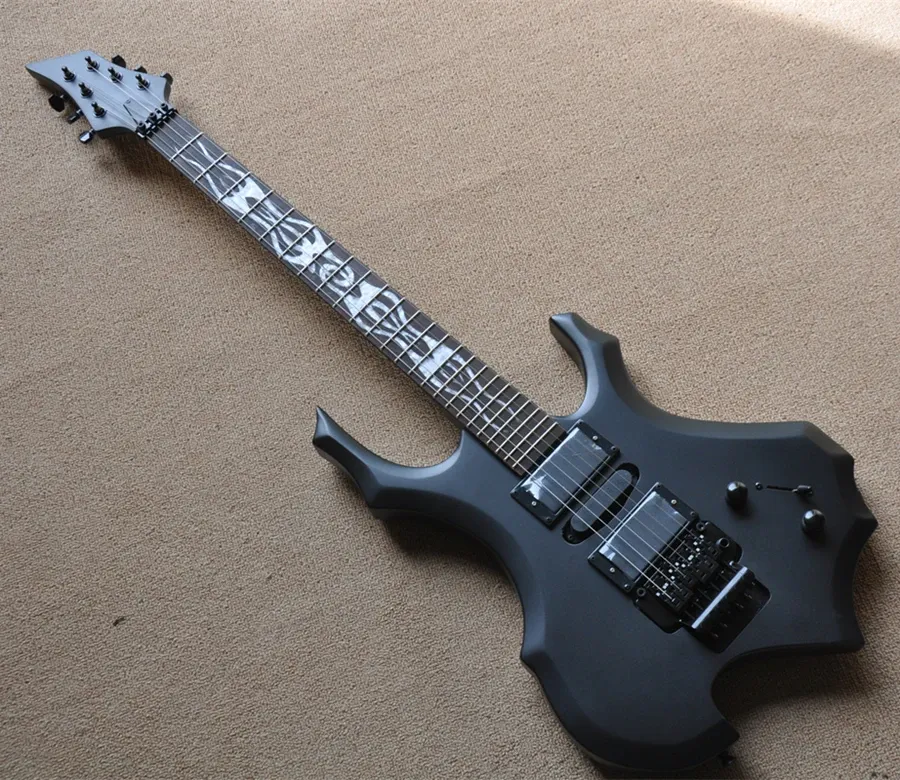 Guitar 6 Strings Matte Black Flame Shape Electric Guitar with Tremolo Bridge,Offer Customize