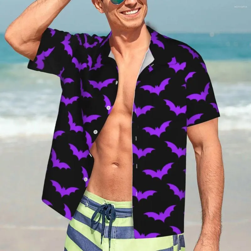 メンズカジュアルシャツハロウィーンビーチシャツ男性黒と紫色のコウモリハワイアン半袖グラフィッククールな特大ブラウスギフト