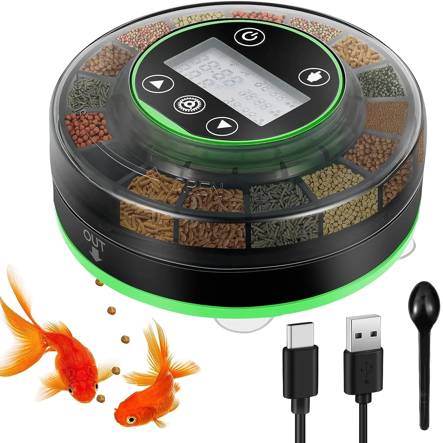 Distributeur automatique de nourriture pour poissons d'aquarium, distributeur automatique de nourriture avec minuterie, mangeoire rechargeable avec câble USB, écran LCD 240314