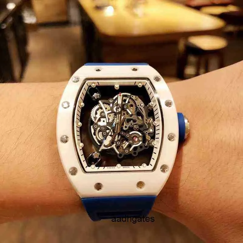 Relojes mecánicos de lujo para hombre Reloj de pulsera Richa ocio de negocios rm055 reloj mecánico automático Mill r reloj de cerámica blanca con cinta azul para hombre