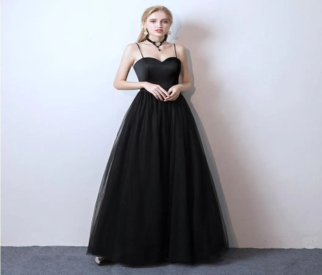 Black Satin Tulle Aline Floor Length Long Wedding Dress Spaghetti Straps Sweetheart Non White Simple Outdoor Bridal Gowns With Co7826008
