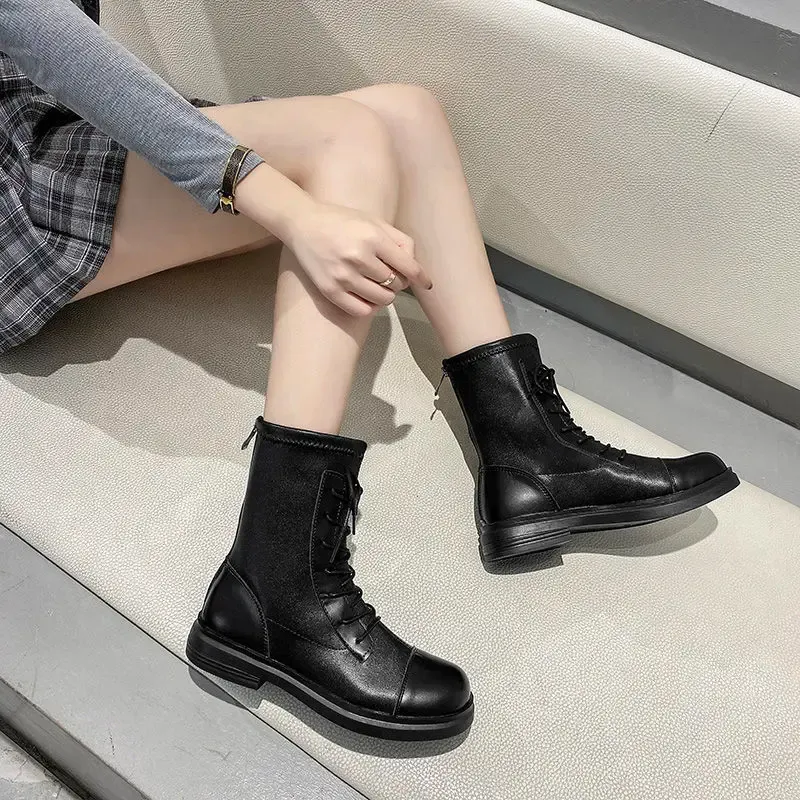 Bottes élégantes avec des talons bas à moitié élevés noirs dames chaussures chaussures pour femmes chaussures laceup laces de veau moyen cosplay nouveau en vente y2k