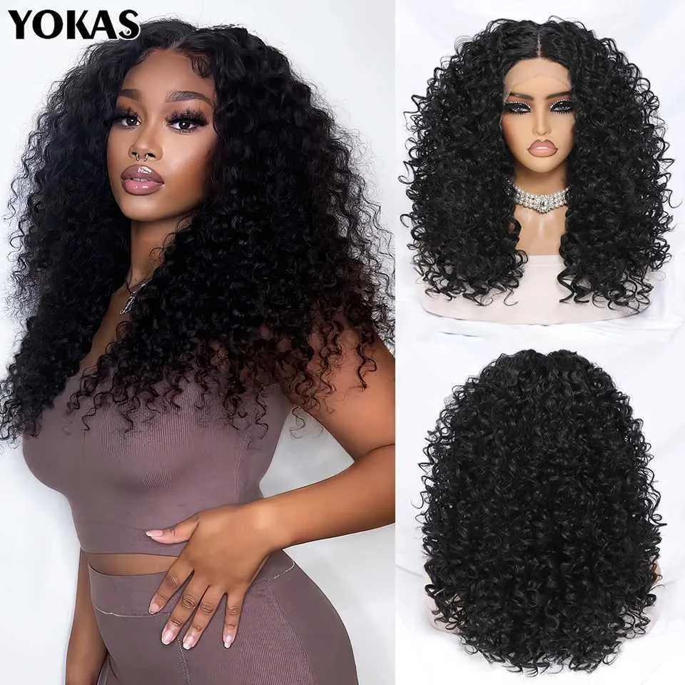 Synthetic Wigs Synthetic Wigs 20 Inch Curly Synthetic Lace Front Wig For Africen Women Black T Part Without Glue Blonde Curly Lace Frontal Wig For Afro Female 240327