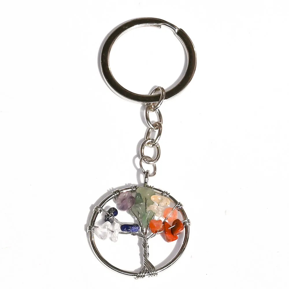 Natural Chip Stone Bead 30mm Round Tree of Life Keychains Bag Car Key Chain Pendant Key Rings