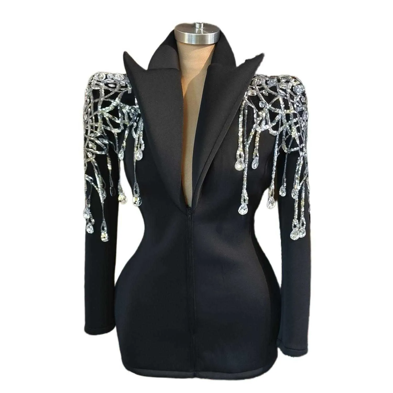 Sexig långärmad svart djup V Tassel Sequin Crystal Sacka Jacka scen Performance Dance Costumes Women Party Club Blazer Coats