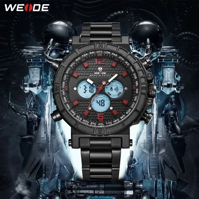 Weide Mens Automatic Date Digital Movement Repeater Quartz Multiple Time Zone Black Metal Case Belt Bracelt Band Wristwatches187m