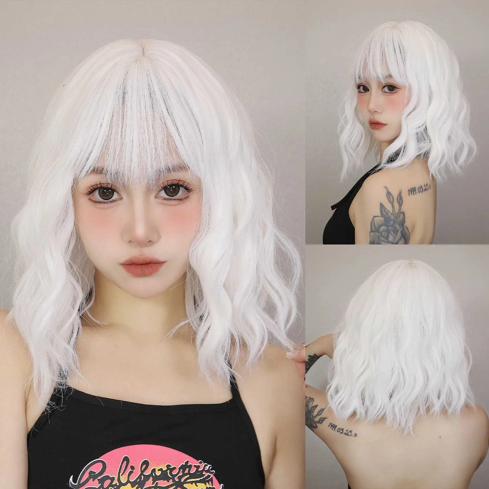 Platinum Blonde Short Curly Wig - White Synthetic Cosplay  display picture 3
