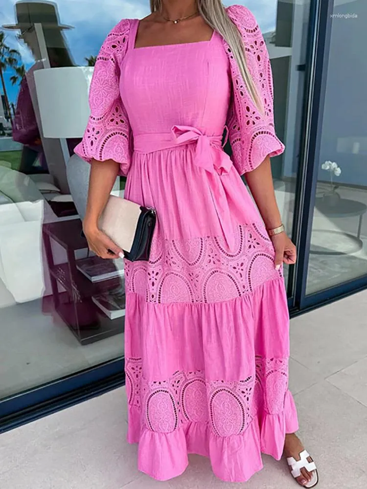 Sukienki swobodne letnie kobiety luźne fit patchwork maxi sukienka trzy ćwierć rękawu kwadratowy kołnierz koronkowy panie na imprezę streetwear vestido