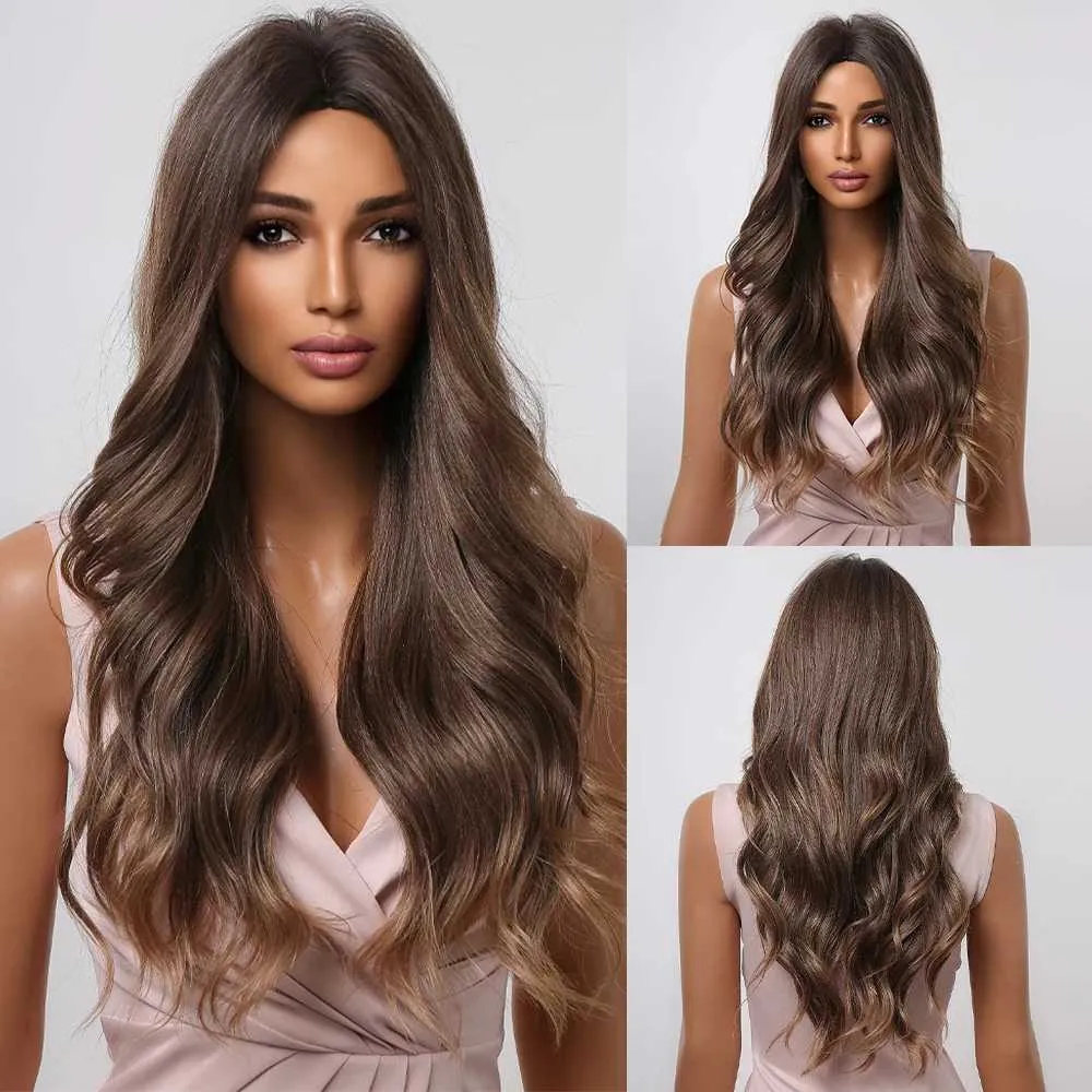 Synthetic Wigs Long Brown Synthetic Wigs Ombre Light Brown Hair for Black Women Natural Wavy Wig Middle Part Cosplay Wigs Heat Resistant Fiber 240328 240327