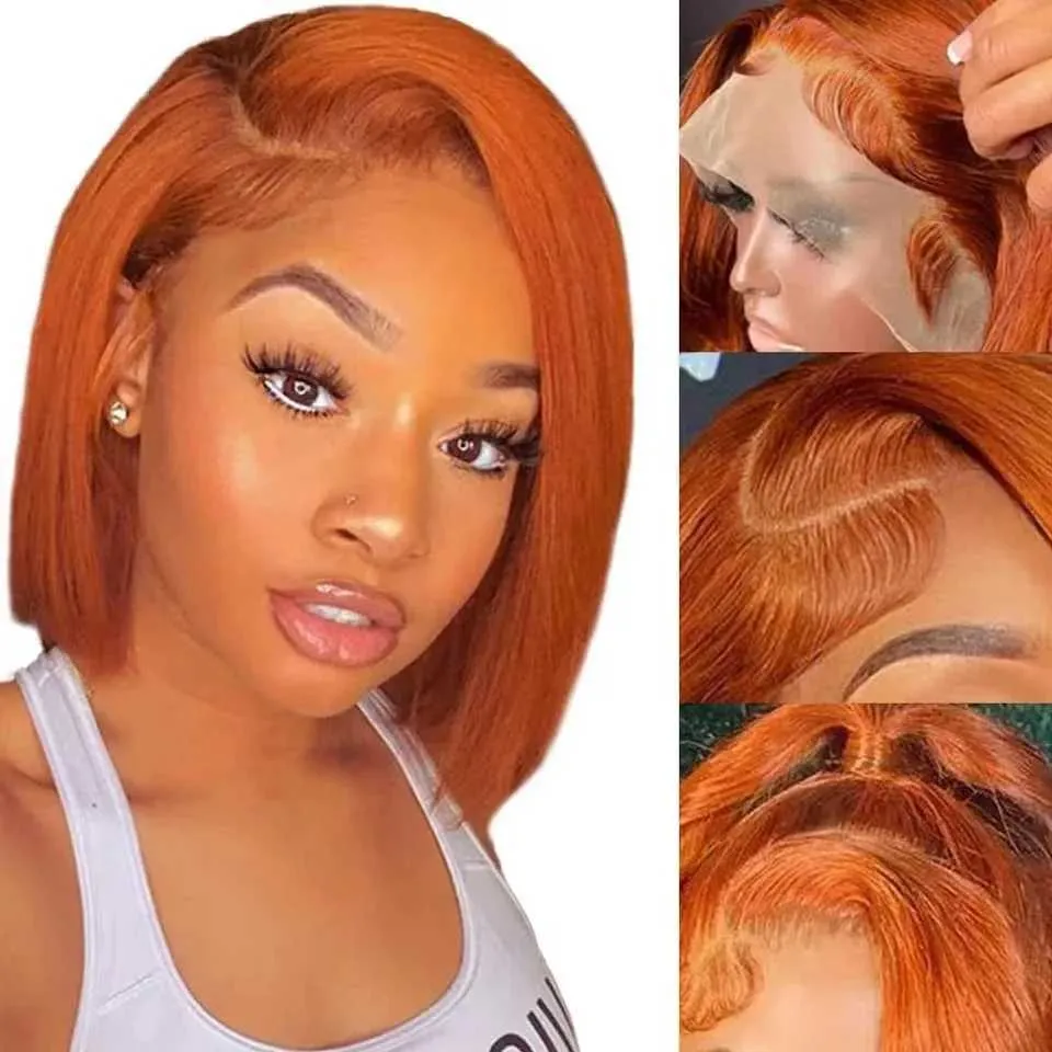 Syntetiska peruker hårstycken NYA 2024 Naturlig komfort Front Spets Bob Wig Orange Kort rakt hår spetshuvudskydd 13 * 4 Wave Head Wig Cover Spets Wig 240328 240327