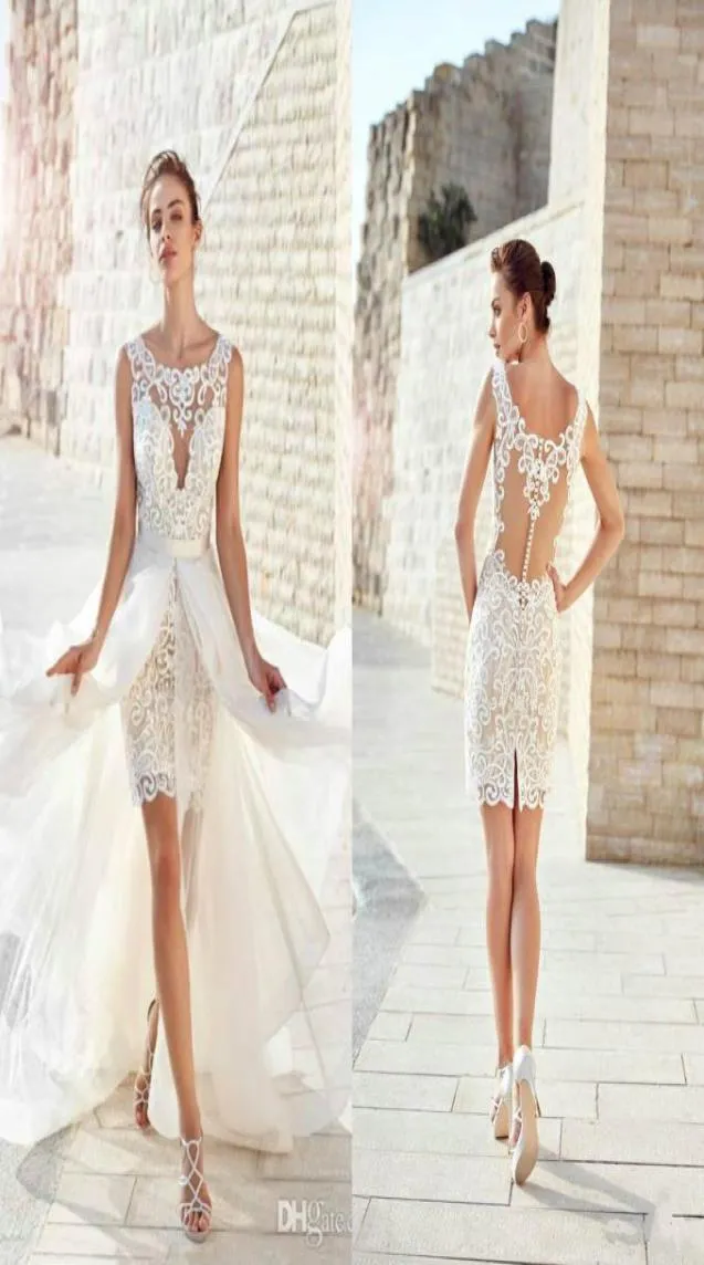 Chic strandbröllopsklänningar med löstagbar tåg Juvelhals Sheer Back Spets Appliced ​​Short Bridal Gowns Custom Made Abiti Da Spos8569598