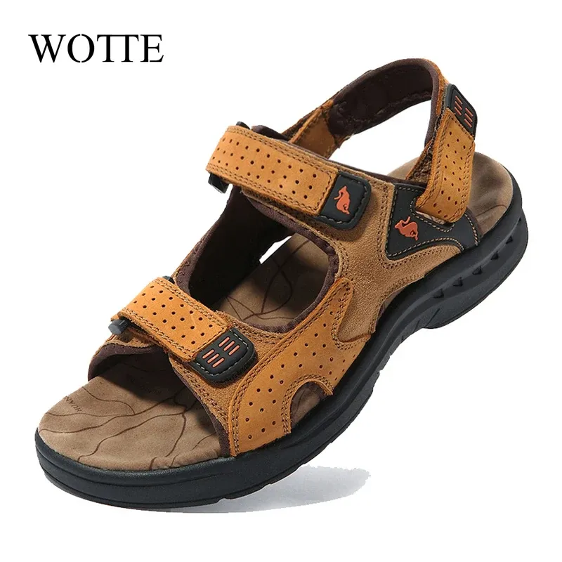 صندل Wotte الصيفية الصيفية من الجلد الأصلي أحذية أحذية غير رسمية كبيرة الحجم الجديد للرجال الناعم الناعم الترفيه