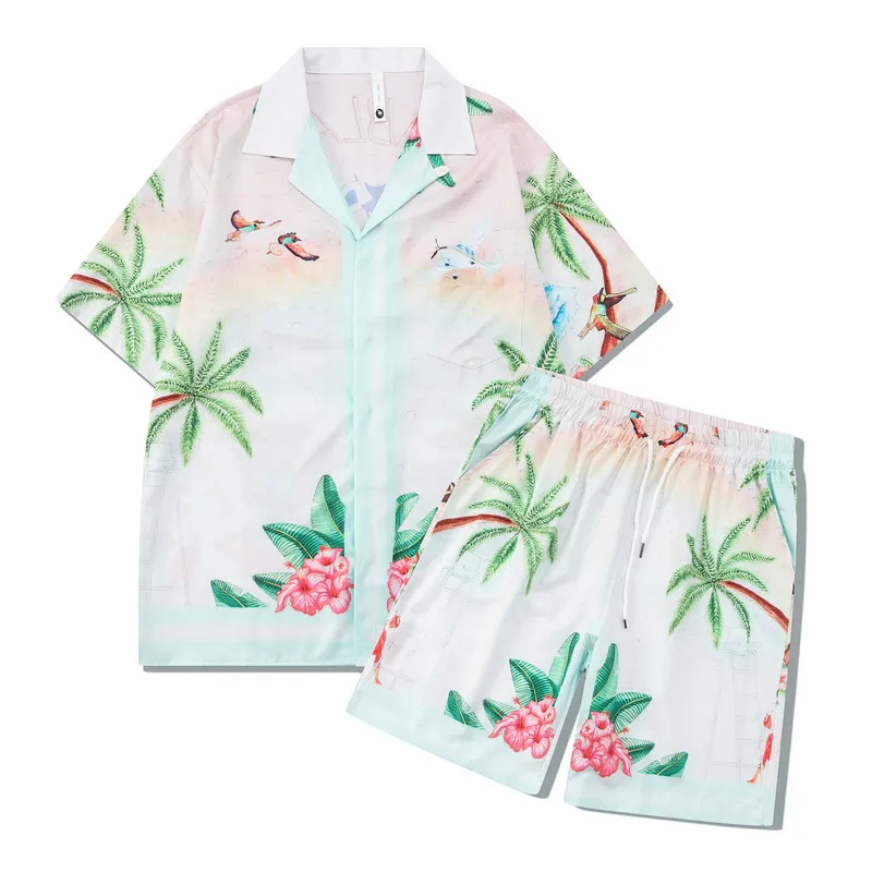 Мужские Гавайские комплекты с цветочным принтом, повседневная рубашка с коротким рукавом и шорты, костюмы, летняя одежда, пляжная праздничная одежда для мужчин