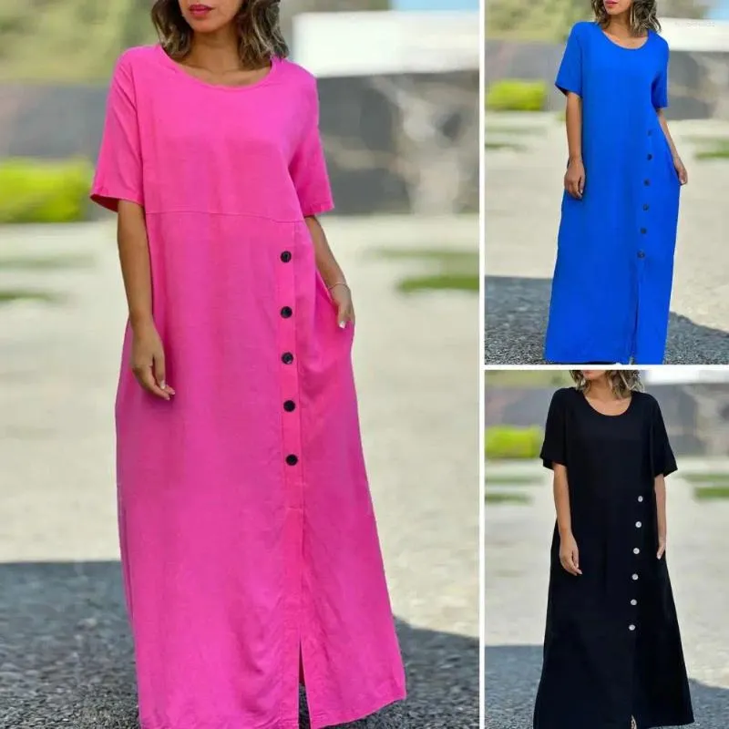 Casual Dresses Women Solid Color Dress Long Soft Breathable Maxi With O Neck Button Decor Ankle Length Split Women's