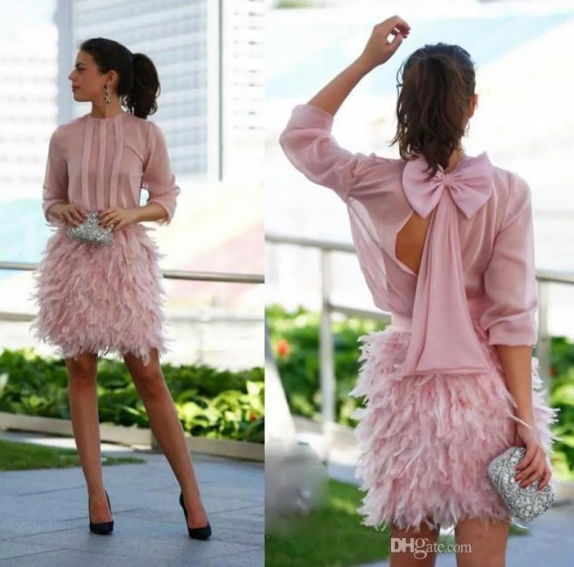 Elegante rosa Straußenfeder-Cocktailkleider mit langen Ärmeln, offenem Rücken und Schleife, Abendkleider, Partykleider, kurze Heimkehrkleider 3328085