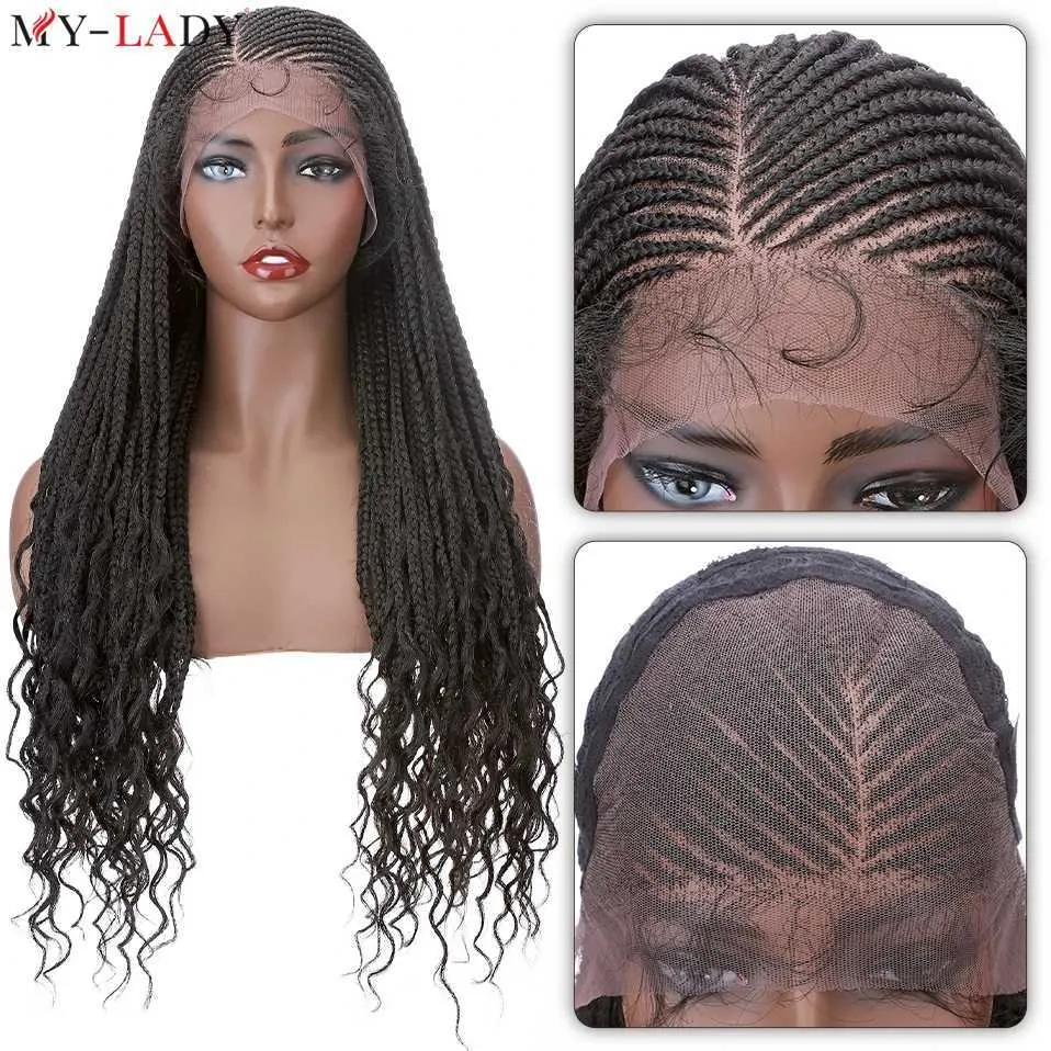 Syntetiska peruker Syntetiska peruker My-lady 28inch Syntetiska flätor Wig Cornrow spets fram peruker lockiga ändar svarta kvinnor lådan flätade frontala spetsar med babyhår 240327