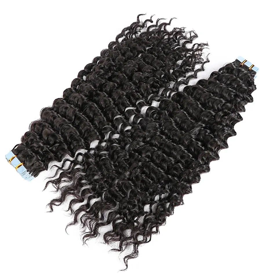 Fita de extensões de cabelo humano, extensões de ondas profundas, 100% real, remy, cabelo humano, trama adesiva, cola para salão de beleza, alta qualidade para mulheres