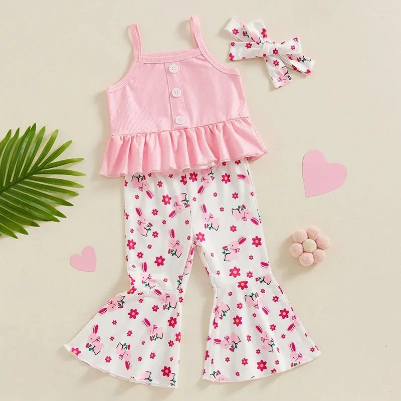 Clothing Sets Baby Kid Girls Easter Outfit Set Sleeveless Camisole Crop Tank Top With Flower Print Flare Pants And Hairband