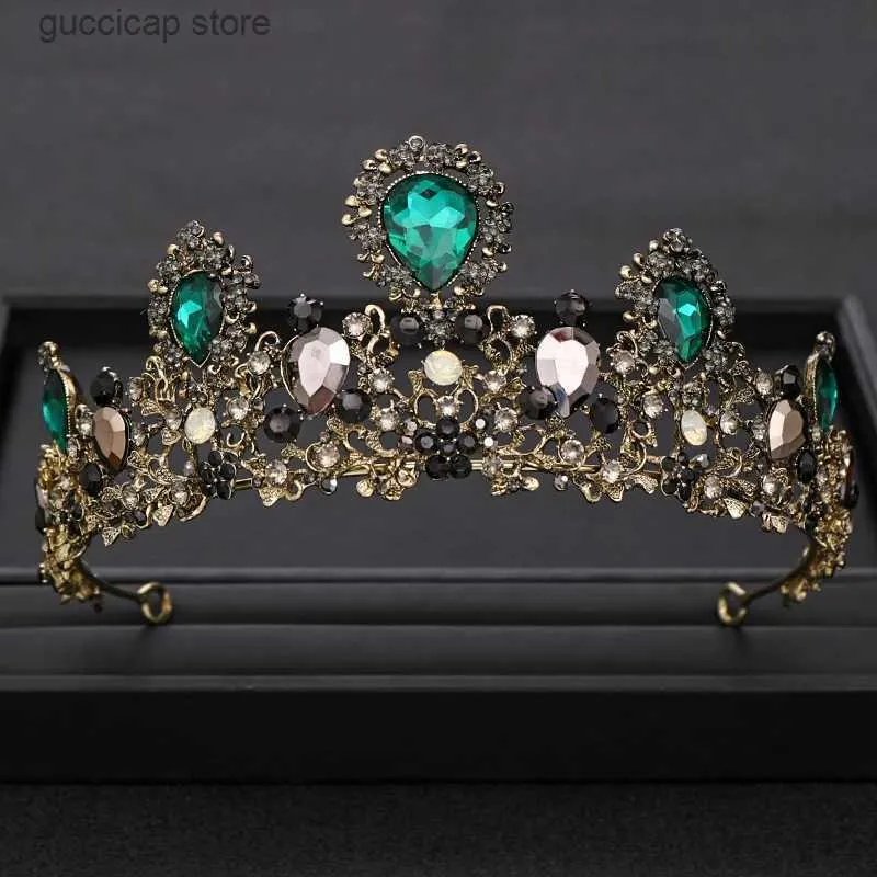 Tiaras vintage bröllop krona hår tillbehör grön strass kristall krona pekband drottning huvudbonad brud krona hår tillbehör y240319