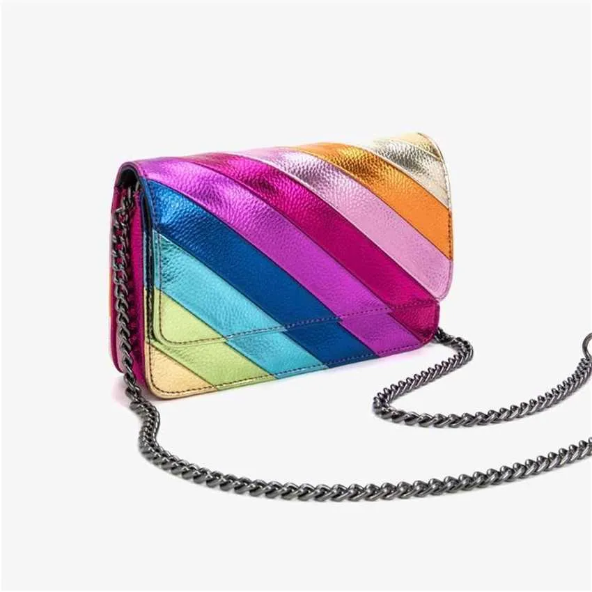 Schicke Umhängetaschen für Damen, Designer-Handtaschen, Tragetasche mit kontrastierender Patchwork-Regenbogenkette, einzelne Schultertasche, Adlerkopf, klein, quadratisch, 240311