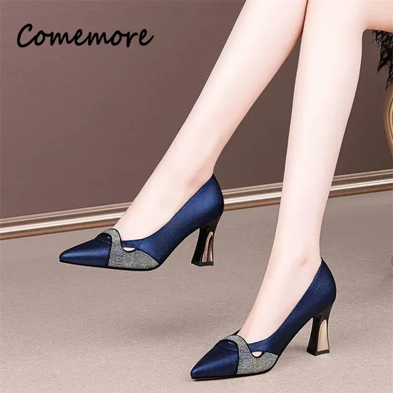 Pumps Comemore Lady Autumn Summer Comfort Pumps Pointed Heels Women Classic Navy Blue Crystal High Heel Shoes Mulheres De Salto Alto