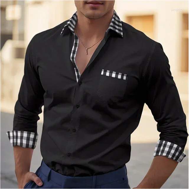 Mens Dress Shirts Formal Button Up Shirt White Long Sleeve Color Block Stand Collar Spring Office Career Wedding Party Outfit Pocket