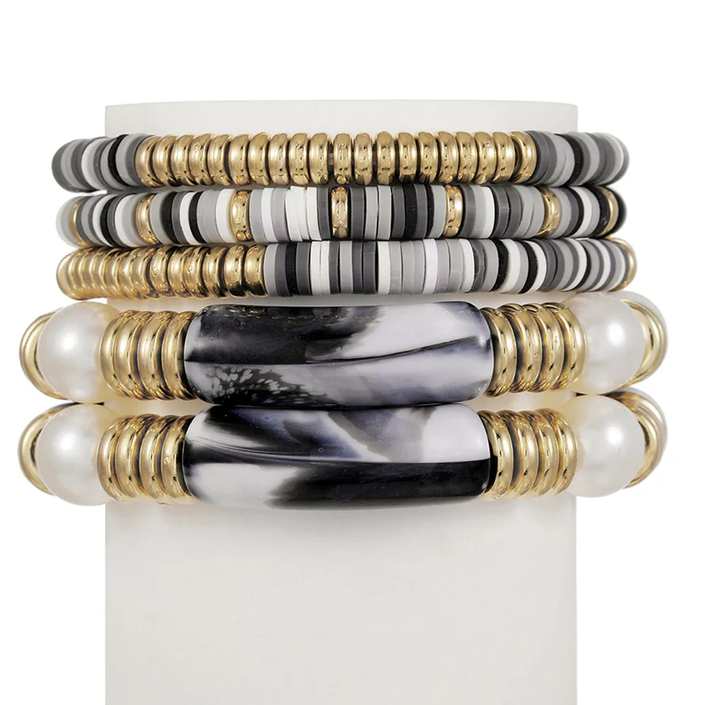 Lot de 5 bracelets à breloques dorés en argile douce - Perles acryliques colorées - Surfeur ethnique Heishi - Brins de perles extensibles empilables - Bohème - Plage d'été - Bijoux d'amitié - Cadeau